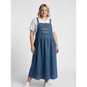 Vintage 1990s Capacity Denim Smock Embroidered Floral Dress Size Large
